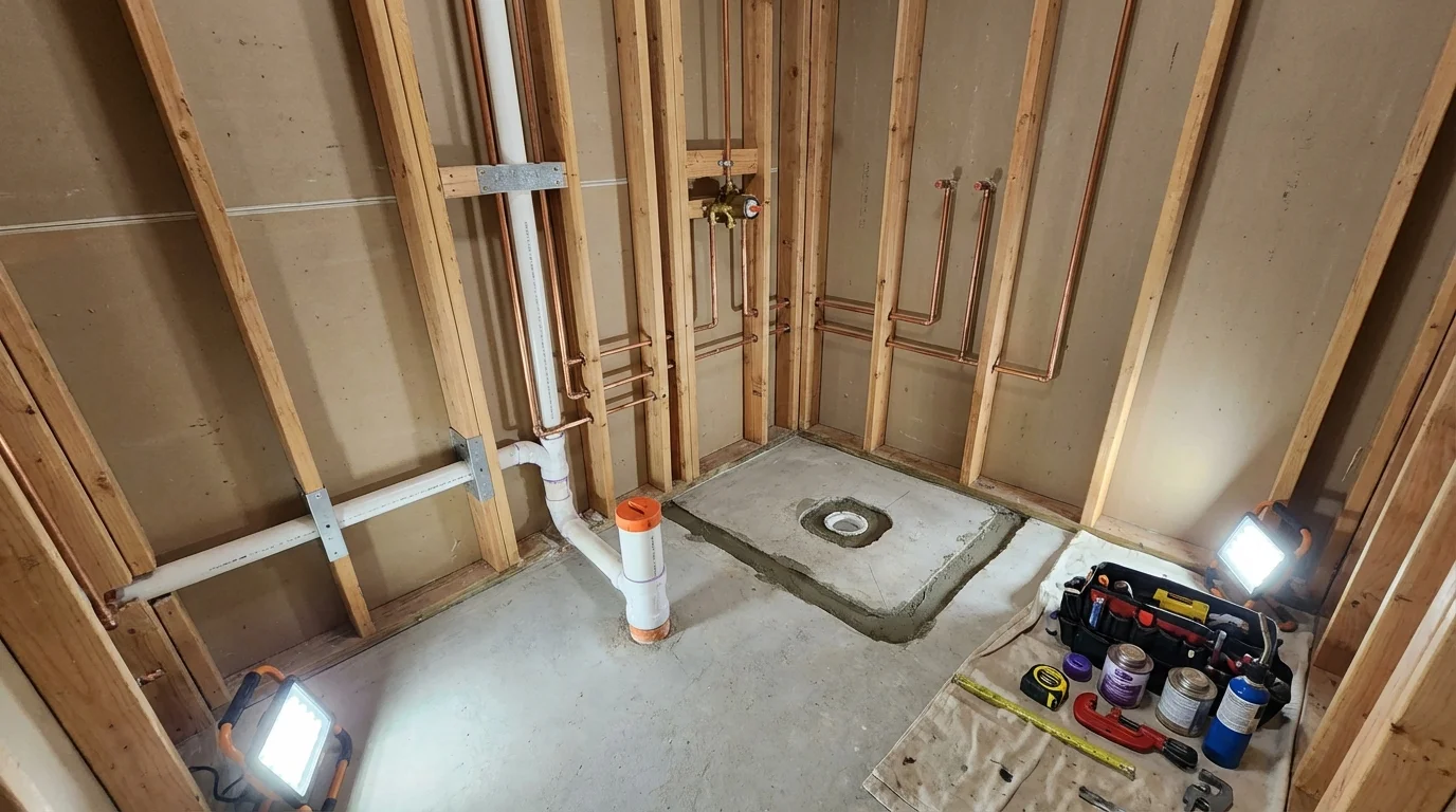Bathroom rough-in plumbing during remodel by Johns Plumbing LLC in Leesburg