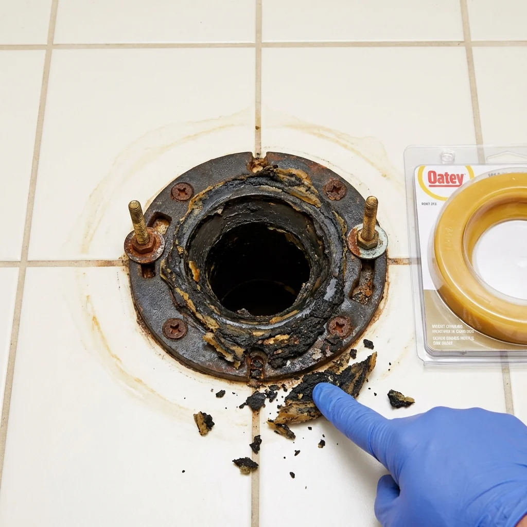 Failed wax ring showing water seepage at the base of a toilet in a Leesburg, FL home