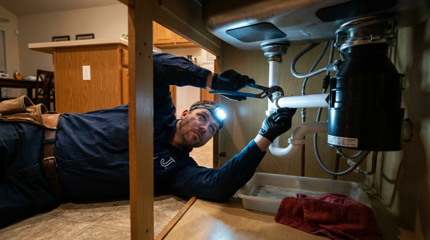 P-trap and supply line connections under a kitchen sink showing a common leak point in Leesburg, FL